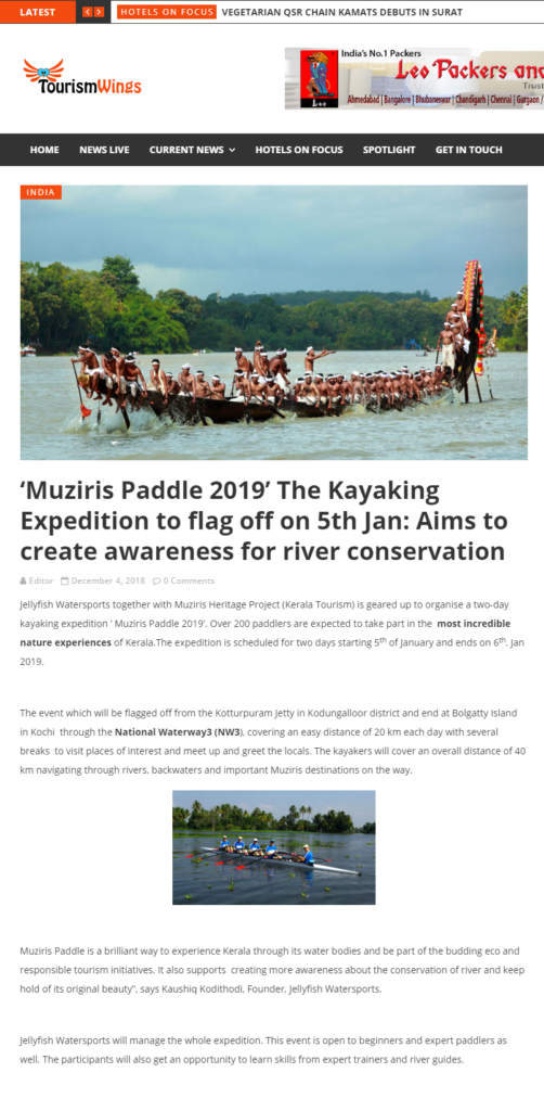 HospitalityBizIndia.com, Muziris Paddle 2019, Jellyfish Watersports Press release